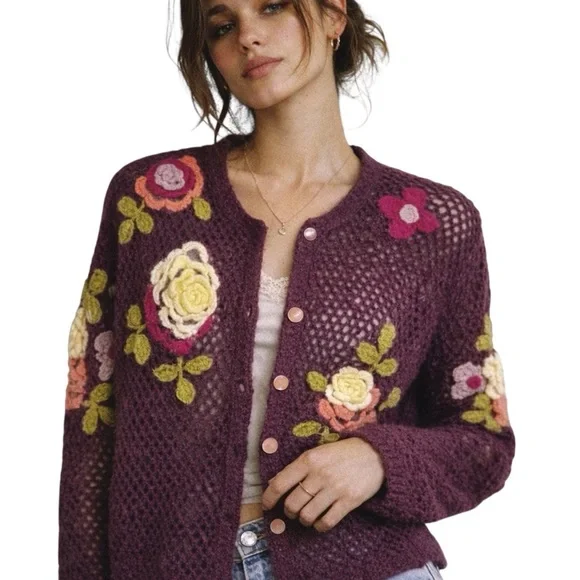 Vintage Crochet Floral Cardigan Purple Appliqué Boho Cottagecore Sz M - Picture 13 of 13
